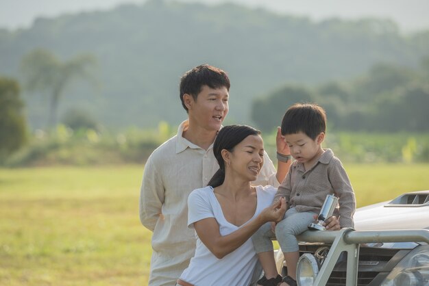 camping with family. happy family with spending time outdoor in the autumn park.