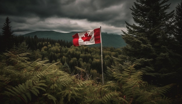 Канадский флаг гордо развевается в величественном лесу, созданном искусственным интеллектом