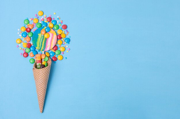 Candies concept ice cream cone with copy space