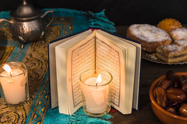 Candle and Arabic book near desserts