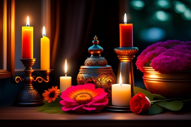 A candle and candles are lit up with a flower in the middle.