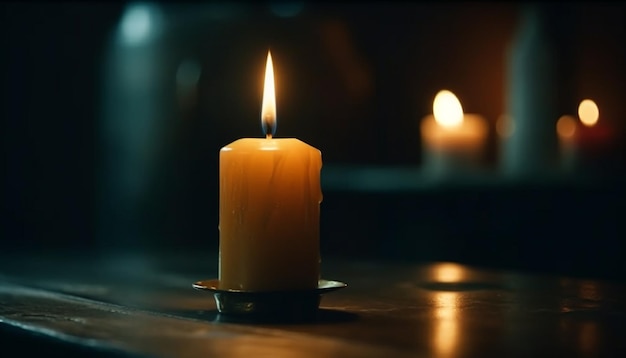 A candle in a dark room with a candle in the background