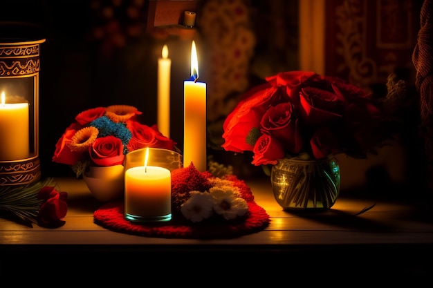 Свеча и цветы стоят на столе перед подсвечником.