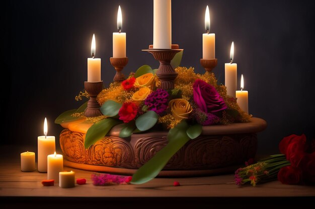 A candle holder with flowers and candles on it