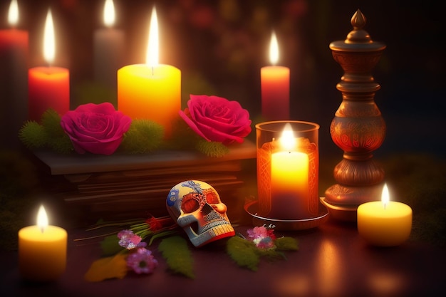 A candle and a skull on a table with a candle and flowers.