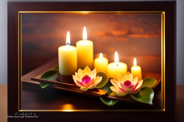 Free photo a candle with lotus flowers on it in front of a mirror