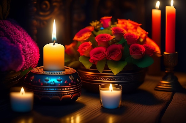 Foto gratuita una candela con rose rosse sullo sfondo