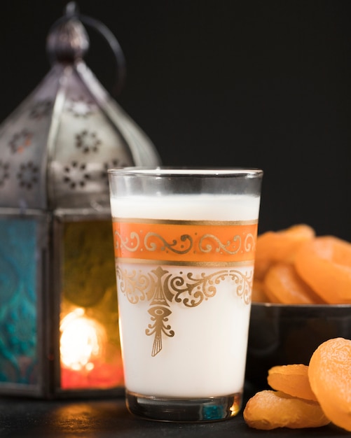 Candle with snacks beside on ramadan day