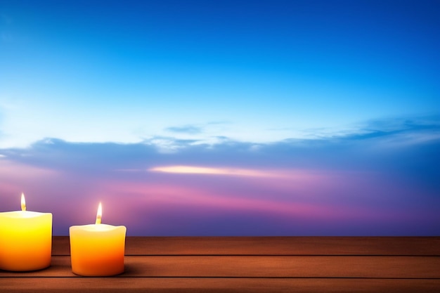 Candle on a wooden table with a sunset background