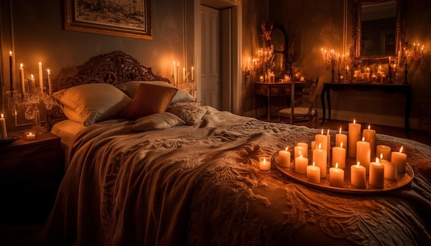 Free photo candlelight illuminates cozy bedroom for ultimate relaxation generated by ai