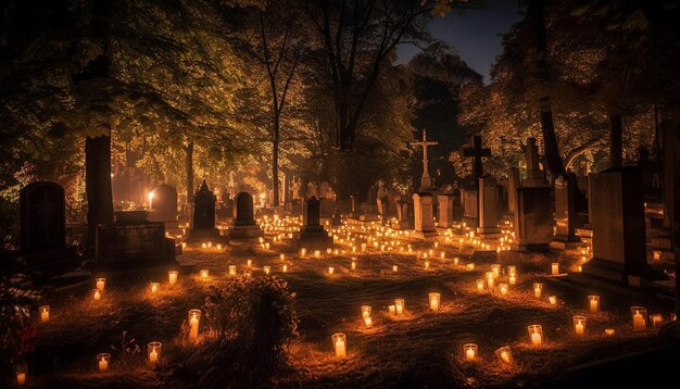 Свеча освещает крест на надгробии в сумерках, сгенерированный ИИ