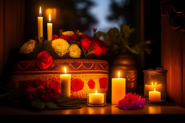 Свечи и цветы горят в темной комнате.