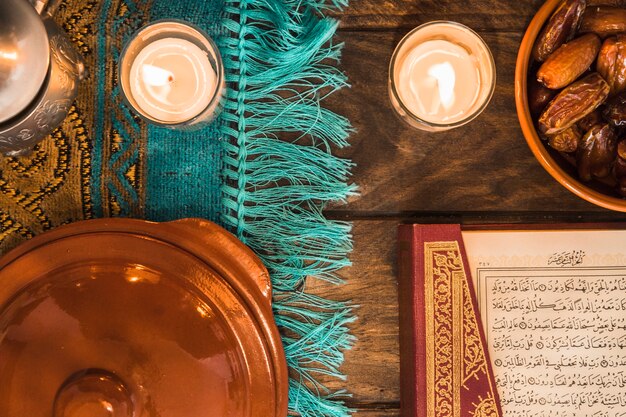 Candles near Quran and dates