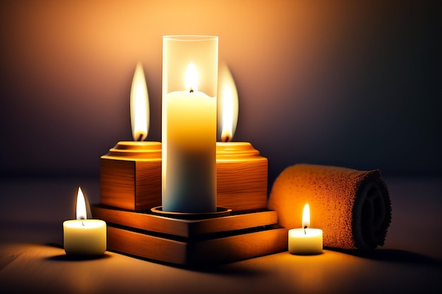 Candles and a towel are lit up in front of a candle holder