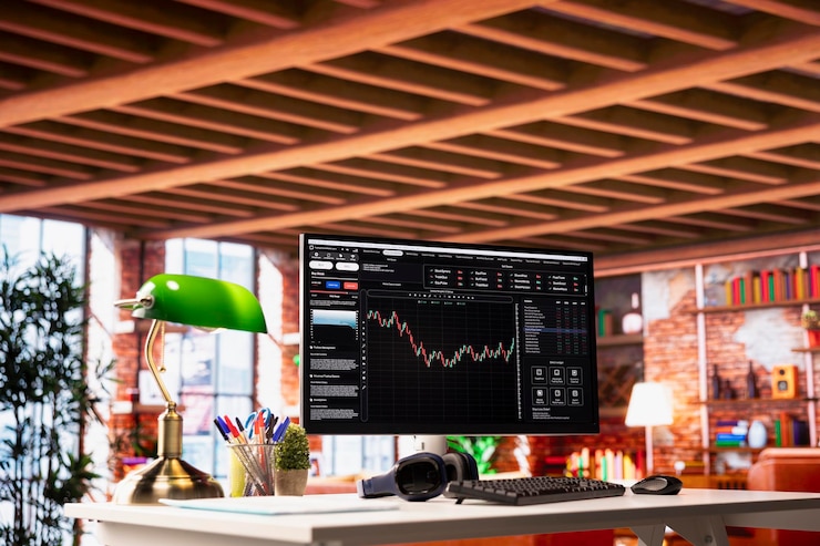 Free Photo candlestick chart on pc monitor on home office desk