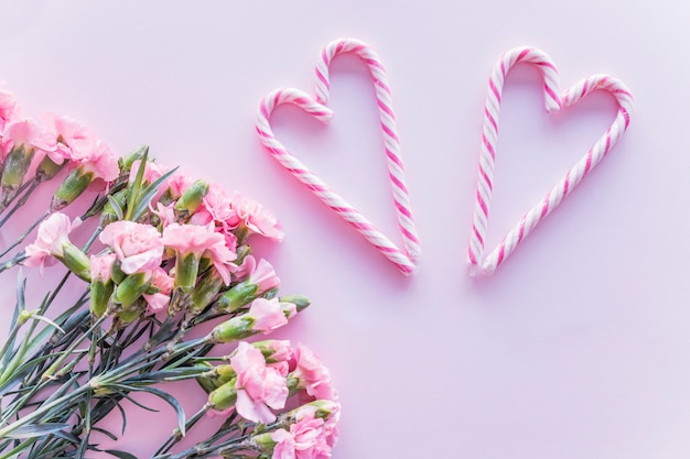 Candy canes in heart shape with flowers