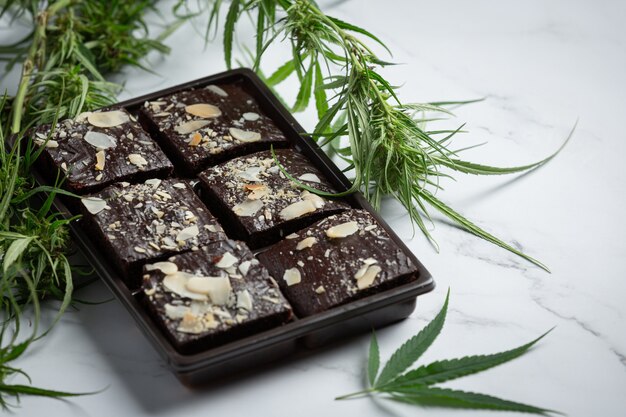 Cannabis brownies and cannabis leaves put on white floor