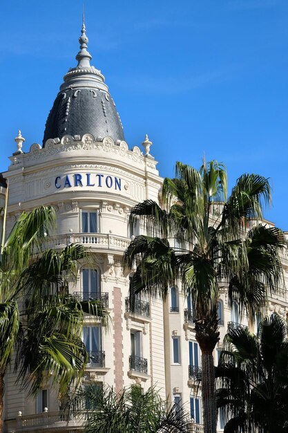 Cannes France October 25 2017 corner view of the famous dome of the Carlton International Hotel situated on the croisette boulevard in Cannes France