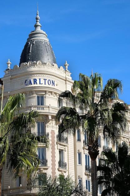 Cannes France October 25 2017 corner view of the famous dome of the Carlton International Hotel situated on the croisette boulevard in Cannes France