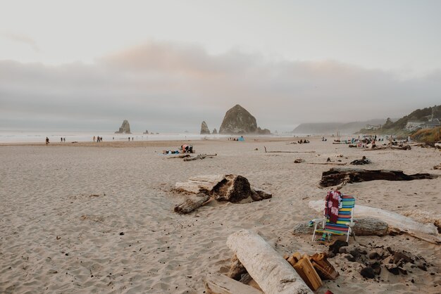 흐린 하늘 아래 Haystack Rock으로 홀리데이 메이커로 둘러싸인 Cannon Beach