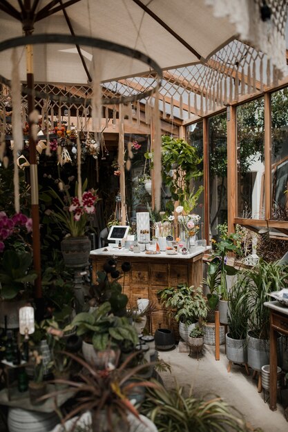 Canopy with tables and plants