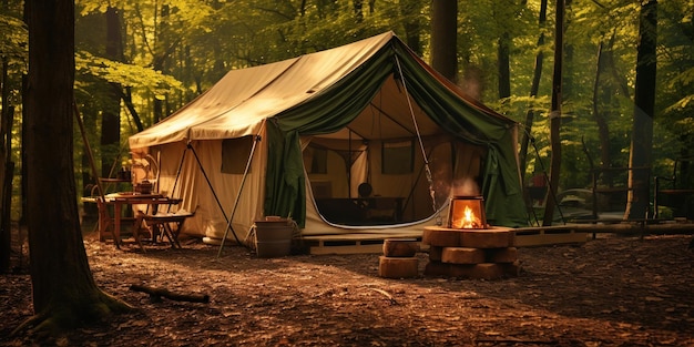 숲 속 의 캔버스 텐트 는 모험가 들 을 위한 간단 한 피난처 이다