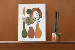 Free photo canvas wall art on a wooden shelf with cactus