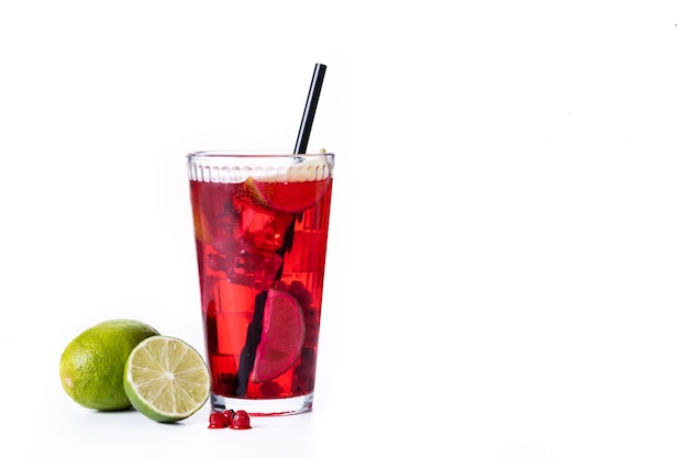 Cape Codder cocktail with vodka cranberry juice and lime isolated on white background