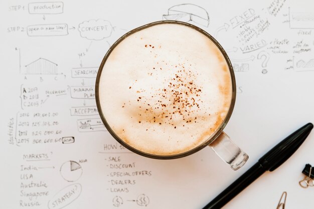 Cappuccino cup in middle of business plan paper