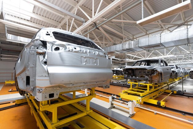 Car bodies are on assembly line Factory for production of cars Modern automotive industry A car being checked before being painted in a hightech enterprise