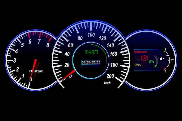 車のダッシュボード速度計 タコメーター 走行距離計 温度および燃料センサー ベクトルイラスト プレミアム写真