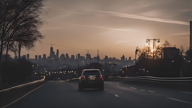 Free photo car driving on a highway in the city at sunset side view