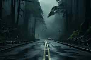 Free photo car on empty road in dark atmosphere