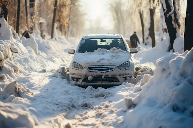 Бесплатное фото Автомобиль в экстремальный снег и зимнюю погоду