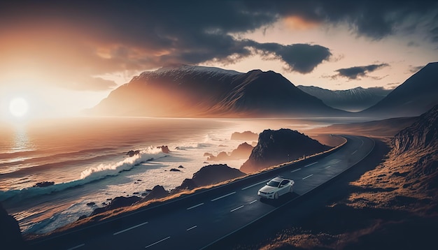 The car is driving along the road along the sea