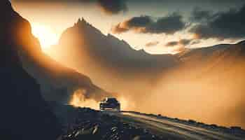 Foto gratuita l'auto sta percorrendo una strada in una zona montuosa