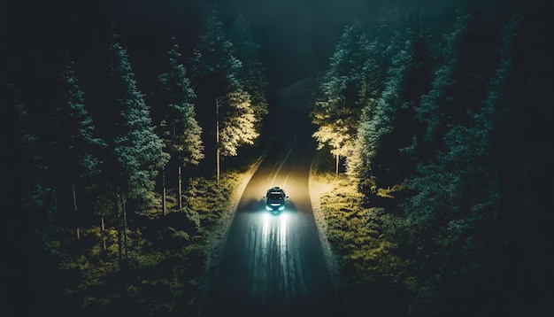 The car is driving on the road at night in the forest