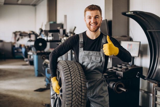 Free photo car mechanic changing wheels in car