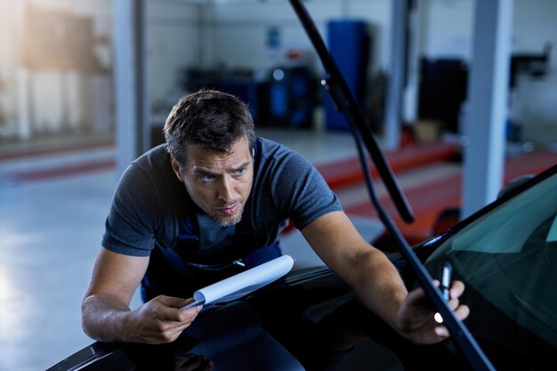 Car mechanic examining vehicle problems while working at auto repair shop