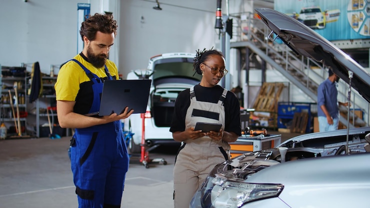 Free Photo car mechanic request help from coworker
