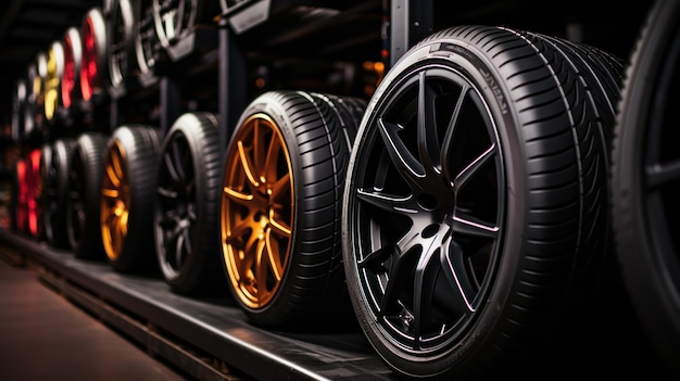 Free photo car tires showcased inside an automobile workshop