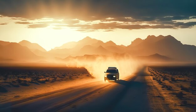 太陽の下で砂漠のほこりっぽい道を走る車