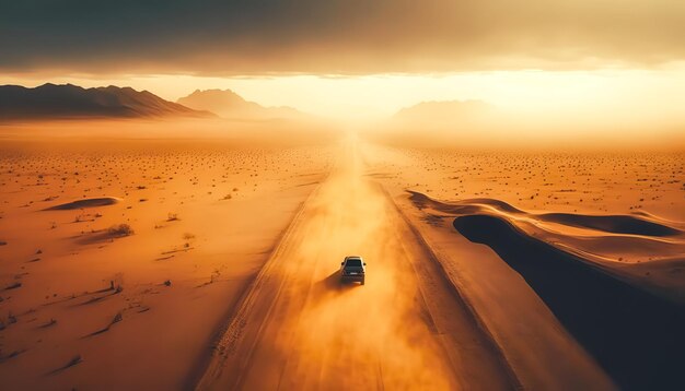太陽の下で砂漠のほこりっぽい道を走る車