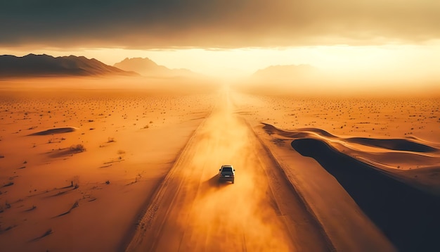 태양 아래 사막의 먼지투성이 도로를 여행하는 자동차