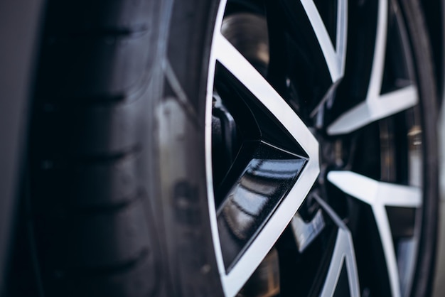 Car wheel with new tires close up