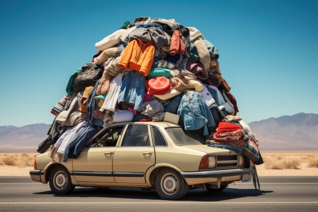 Car with clothes pile on top of it