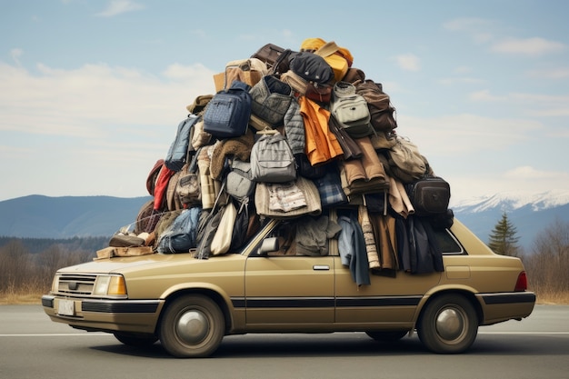 Car with clothes pile on top of it