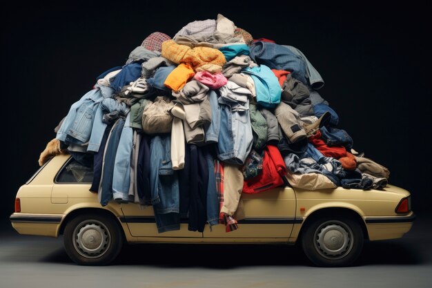 Car with clothes pile on top of it