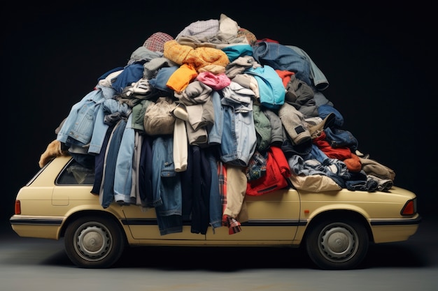 Car with clothes pile on top of it