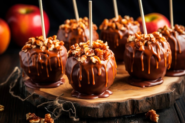 Free photo caramel apples with walnuts on a stick for halloween on wooden table